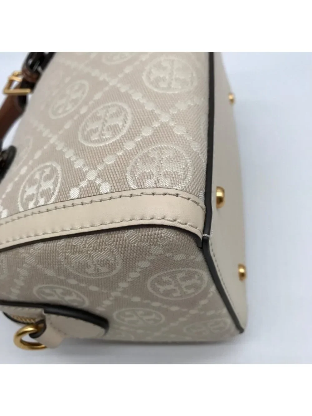 Tory Burch Beige Jacquard Monogram Logo Petite Barrel Bag